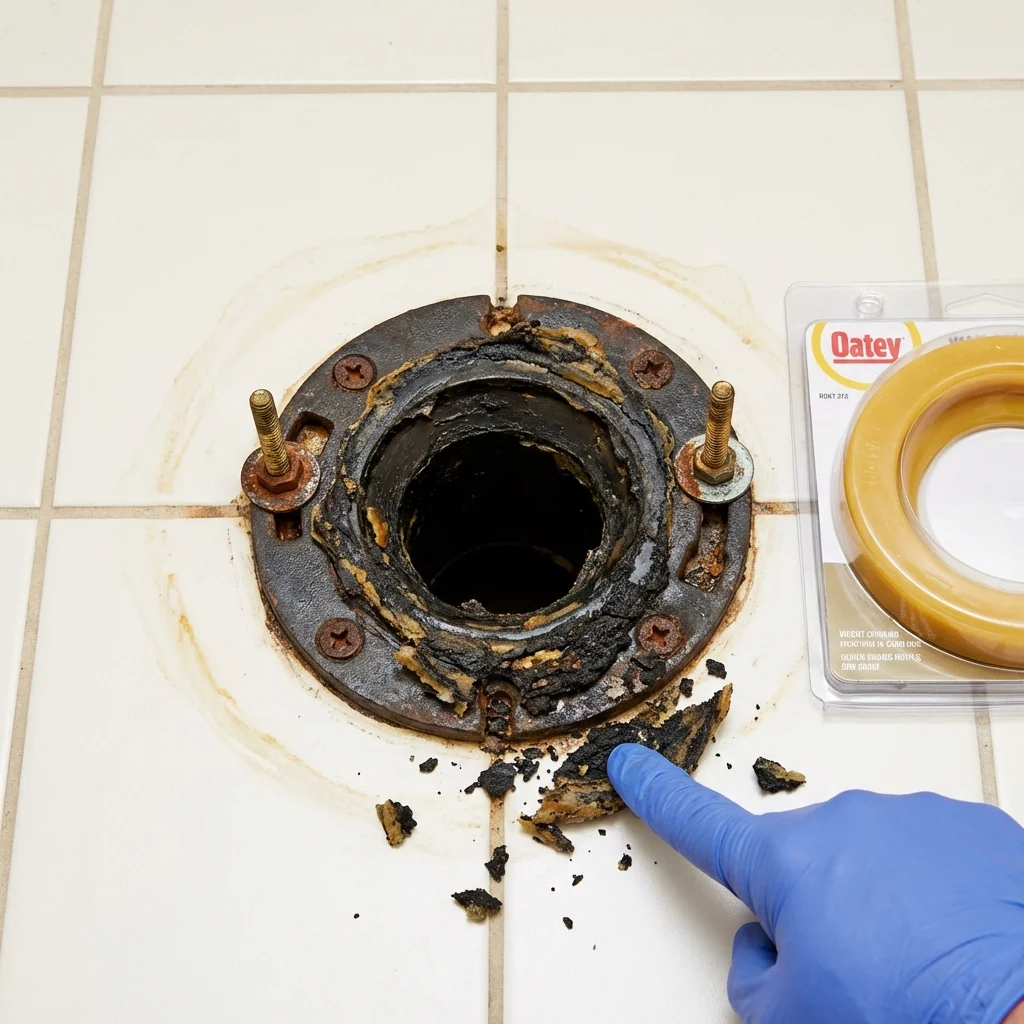 Failed wax ring showing water seepage at the base of a toilet in a Oxford, MS home