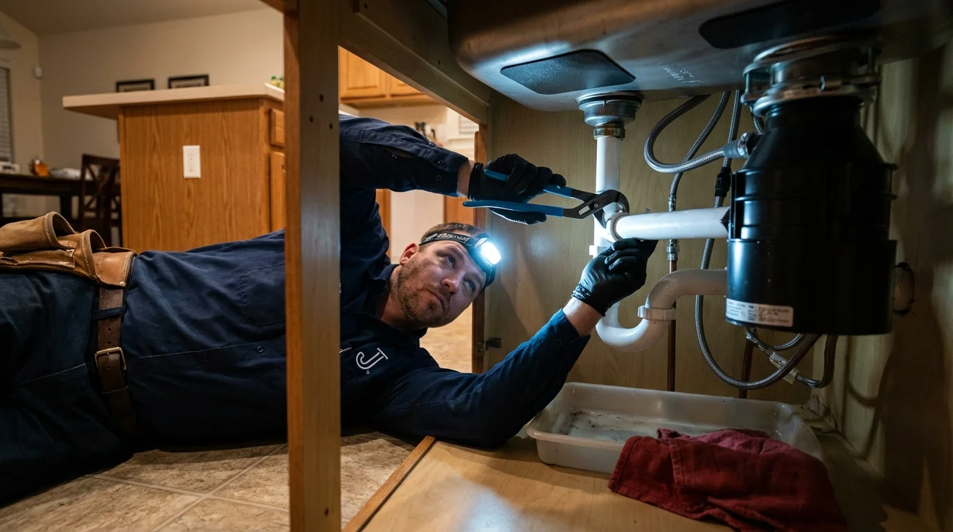 P-trap and supply line connections under a kitchen sink showing a common leak point in Oxford, MS